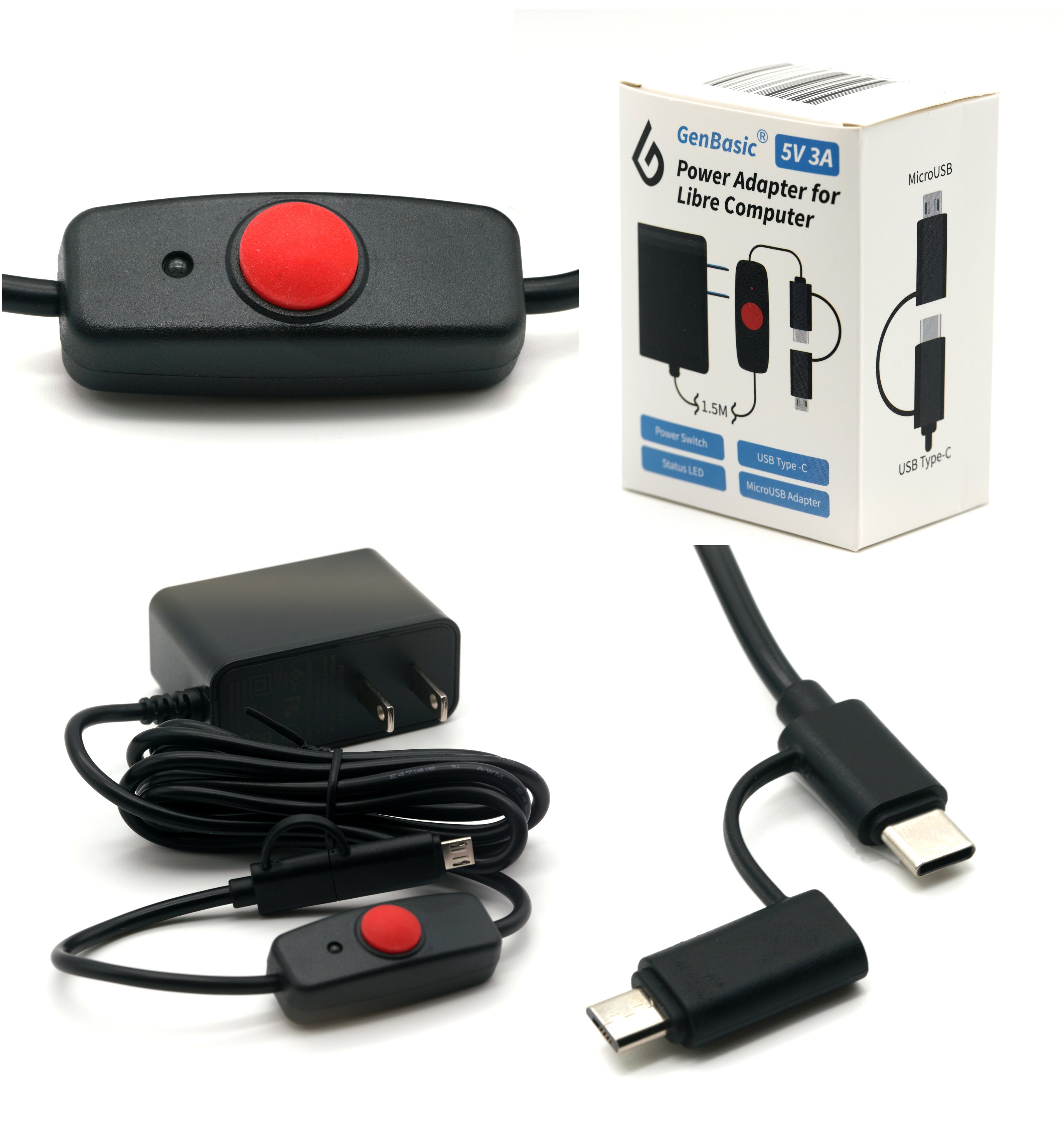 GenBasic 5V 3A USB Type-C Power Supply with MicroUSB Adapter with LED ...